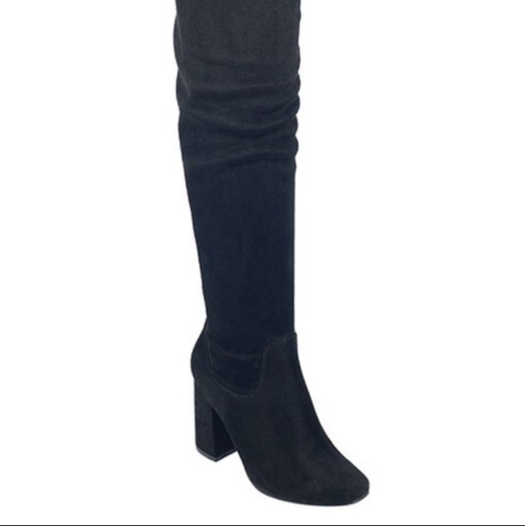 Elantra Thigh High Black Suede Block Heel Boots - Picture 4 of 7